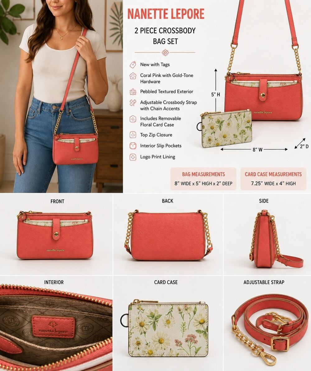 🆕Nanette Lepore Coral Pebbled Crossbody Bag 2pc Set Floral Zip Cardcase Chain
